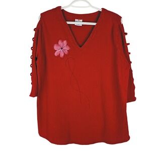 Sea Breeze of California Red Cotton Floral Tunic Top 1X USA Made Lattice Sleeve